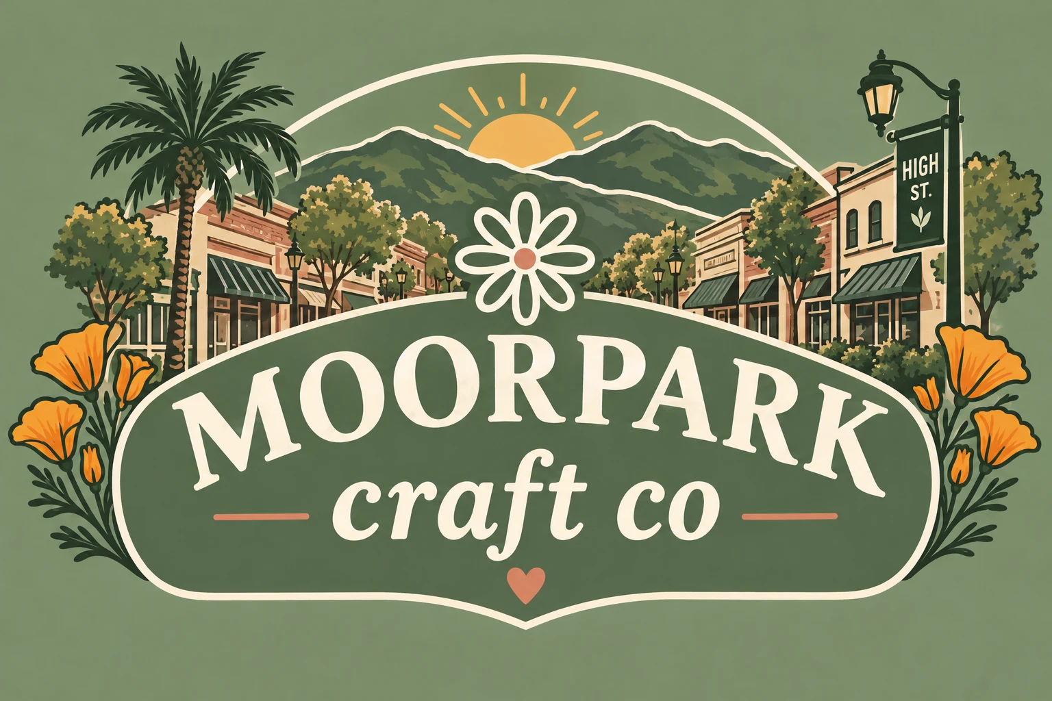 Moorpark Craft Co logo: High Street storefronts, a palm tree, California poppies and the hills at sunrise